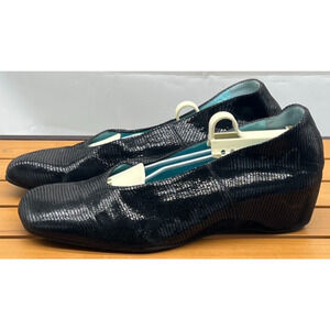 THIERRY RABOTIN EU41/US 10 Tasha Reptile Suede Wedge Pump Square Toe Dark Black